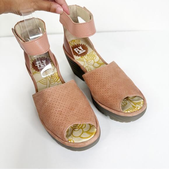 Fly London Size 37/US 6.5-7 Yake Pink Rose Perforated Leather Wedge Sandals - Picture 2 of 11